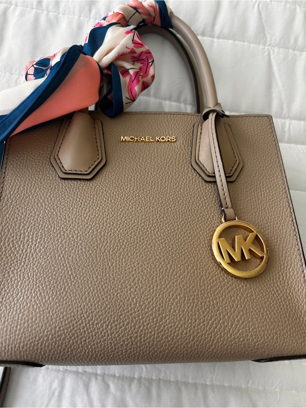 Michael Kors Beige Pebbled Leather Satchel with Gold MK Charm